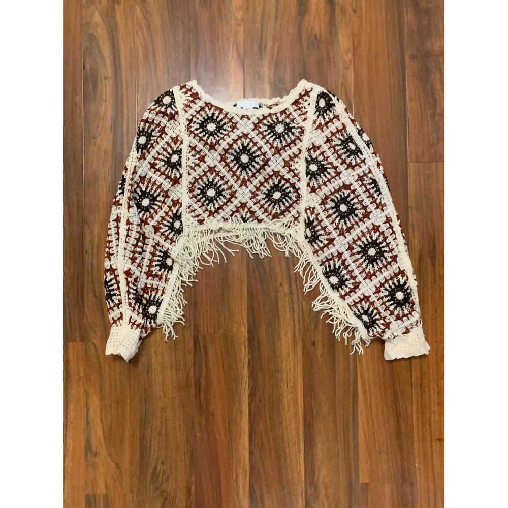 House of Harlow 1960 Crochet Brown & Red Granny Square Hippie Shawl, OS
